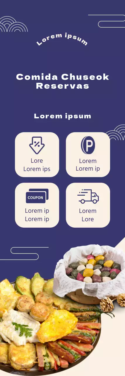 Banner promocional con fotos de comidas navideñas e iconos de ofertas sobre fondo azul marino
