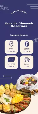 Banner promocional con fotos de comidas navideñas e iconos de ofertas sobre fondo azul marino