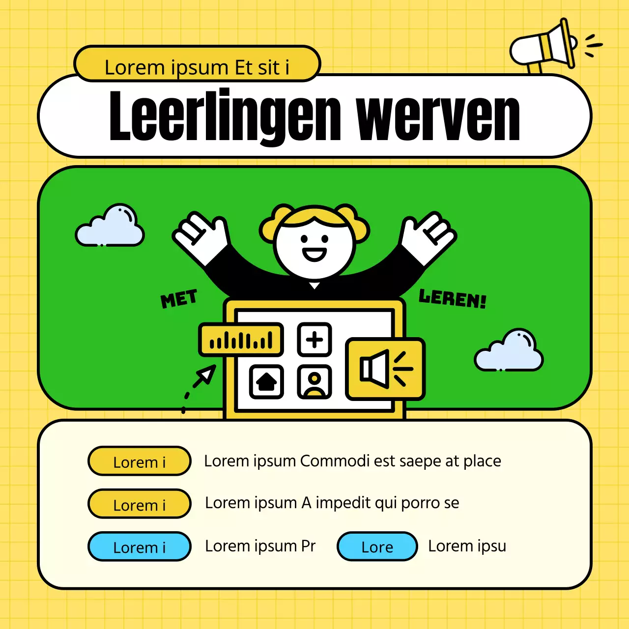Kitscherig geel en groen opleidingscentrum om werving van studenten te bevorderen