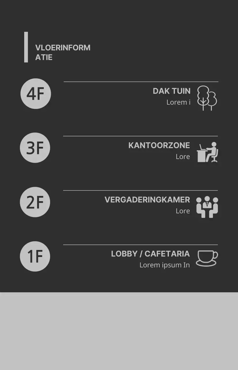 Venstervlaggen met pictogrammen en verdiepingsinstructies in een combinatie van grijze en donkergrijze kleuren