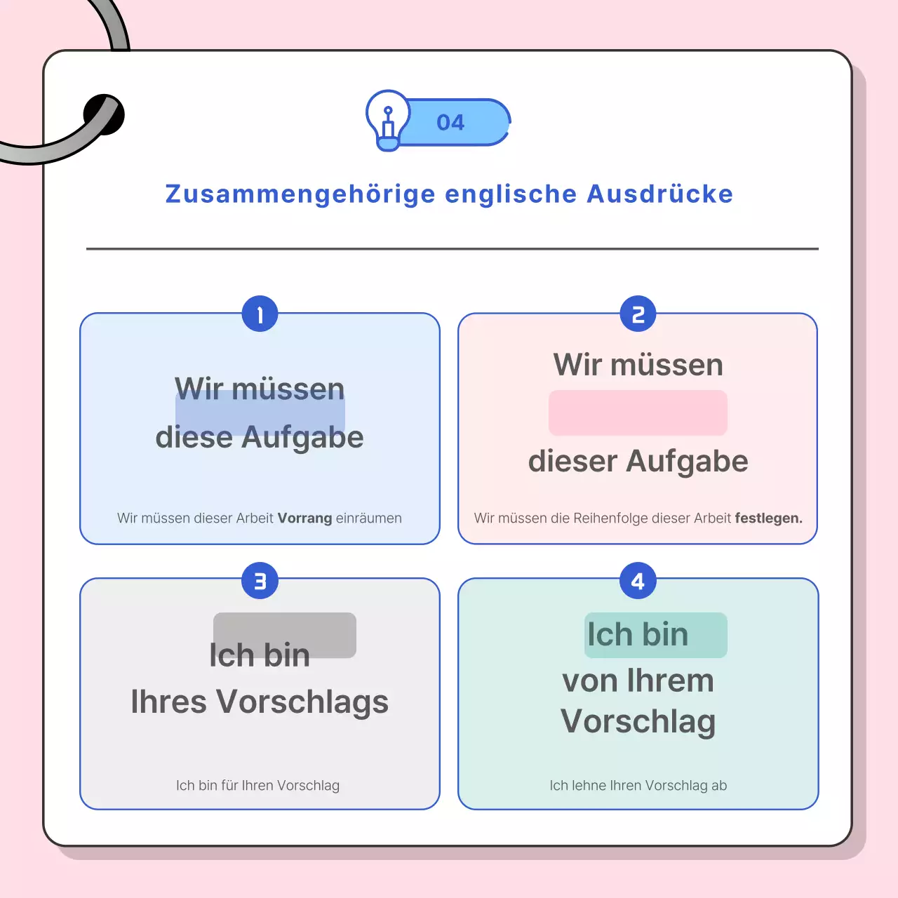 Förderung von Gesprächen in Geschäftsenglisch mit einem rosa und blauen Farbschema