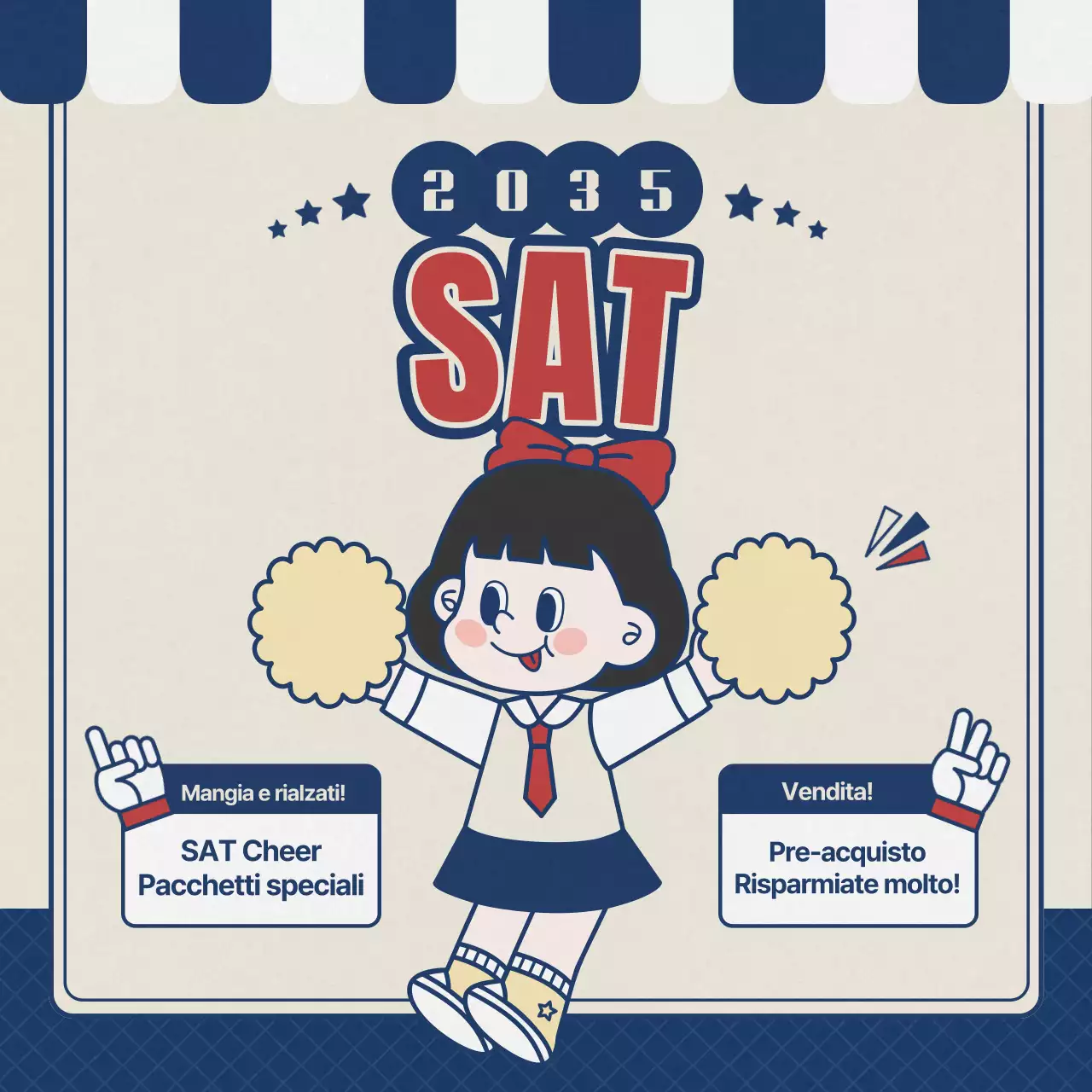 Promuovete un evento di cheerleading per i SATs in blu navy e retrò
