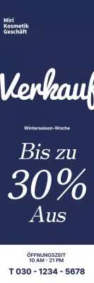 Veranstaltungsbanner für ein Kosmetikgeschäft mit SALE in Kursivschrift auf marineblauem Hintergrund