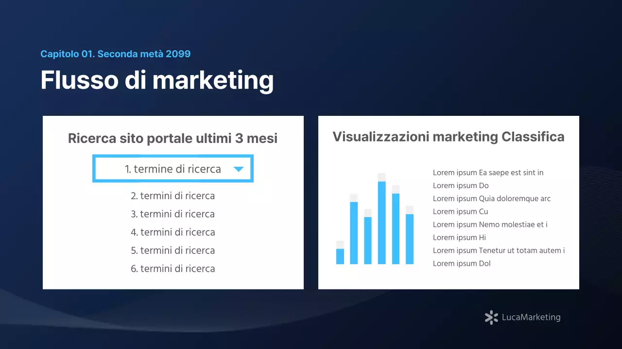 Un moderno rapporto di marketing in blu navy e bianco
