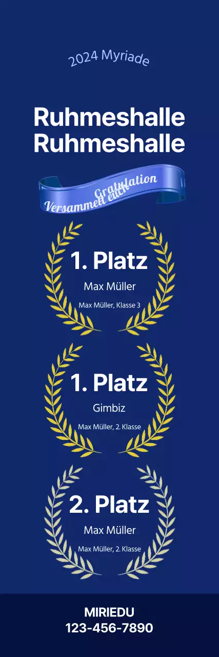 Werben Sie mit blauen Bändern und goldenen Lorbeerpunkten auf blauem Hintergrund für eine stilvolle, leistungsstarke Akademie