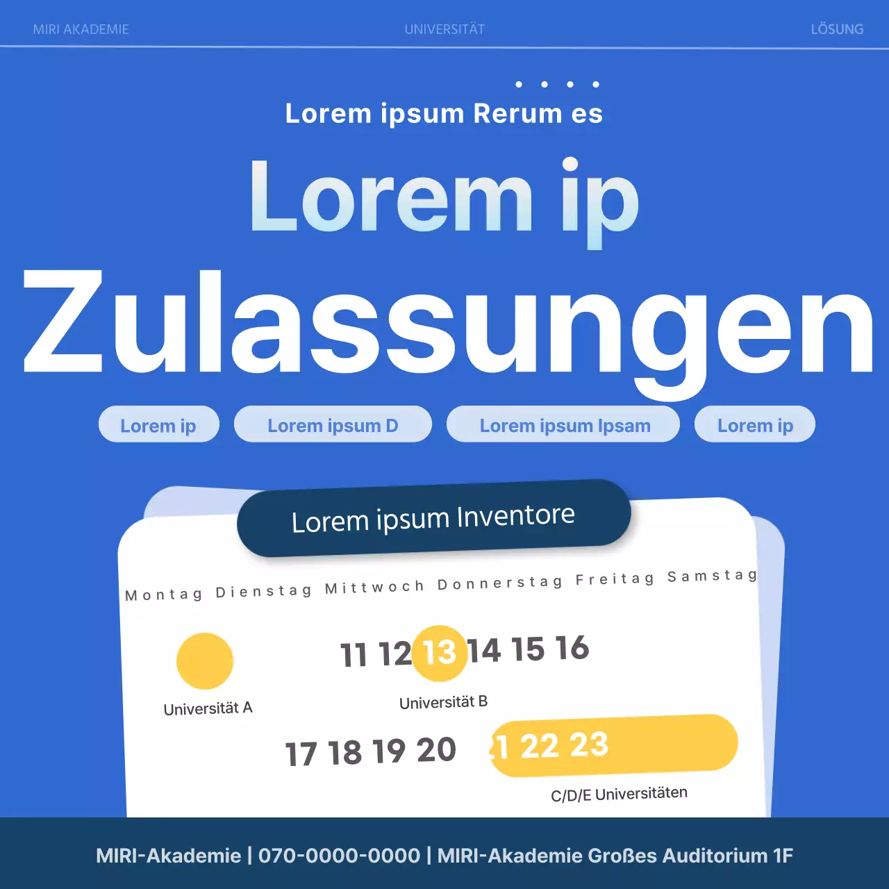 Eine einfache, marineblaue Anzeige für eine Zulassungsmesse