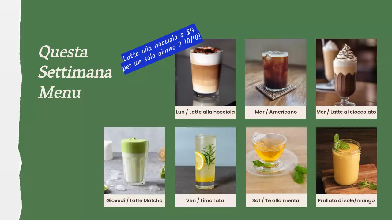 Pubblicità minimalista del menu in negozio in verde e arancione