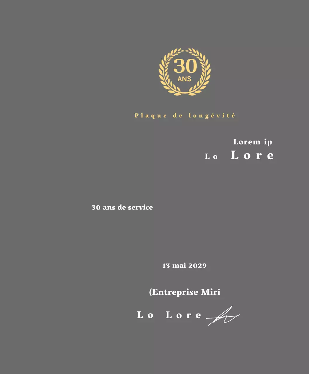 Plaque d'entreprise pour longs états de service avec symbole de laurier