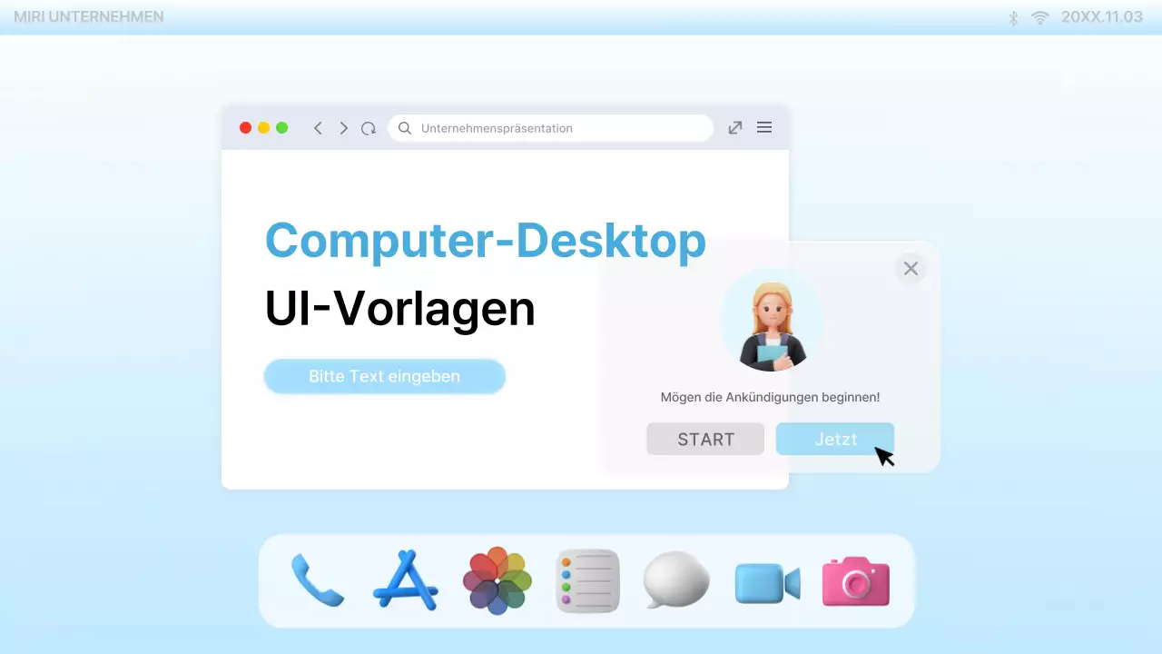 Präsentation auf dem trendigen hellblauen PC-Desktop UI