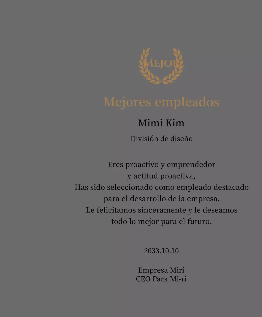 Lujosa placa de agradecimiento con laureles y sello dorados