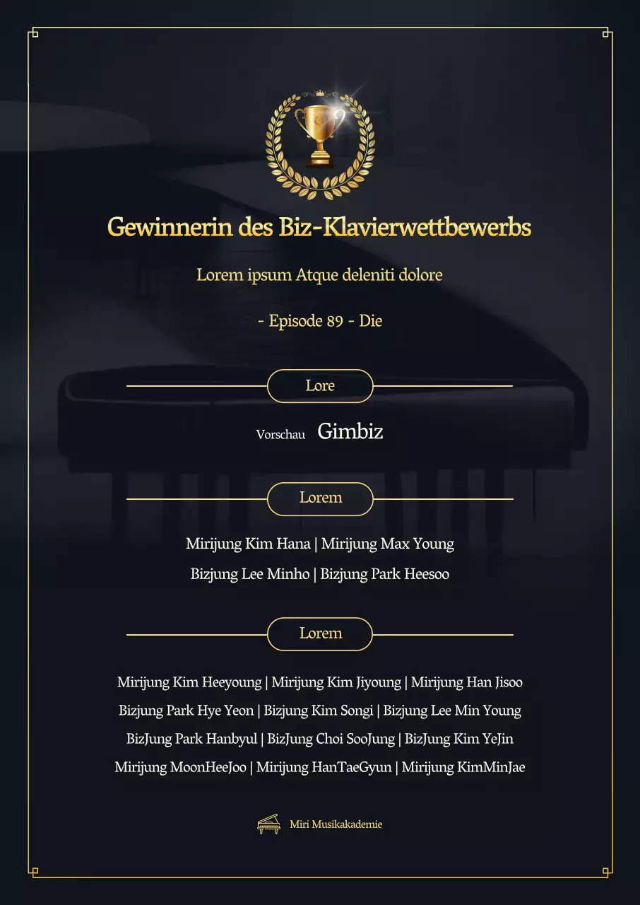 Förderung der Wettbewerbsgewinner mit einem Klavier und einer goldenen Trophäe auf schwarzem Hintergrund