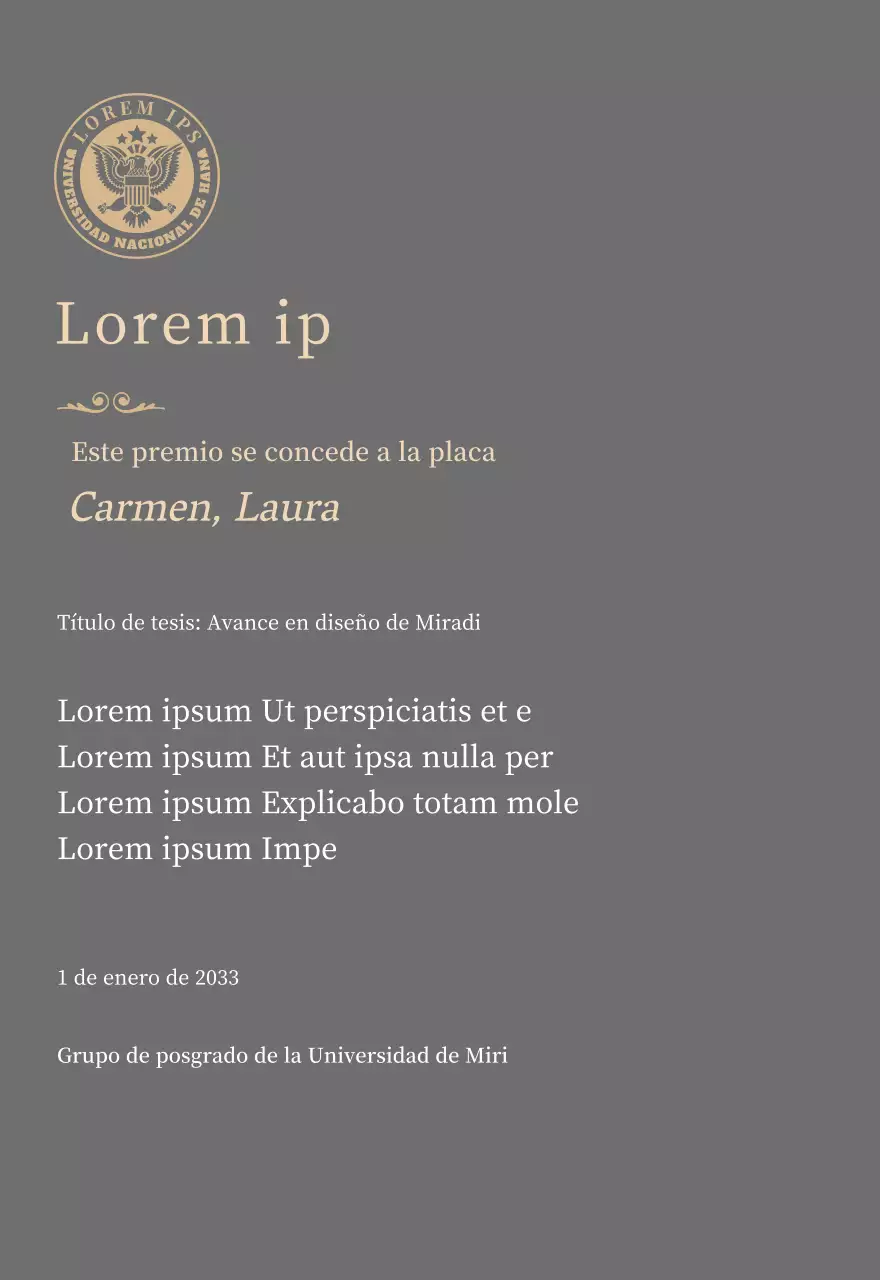 Lujosa placa de titulación con el logotipo de la escuela y adornos dorados