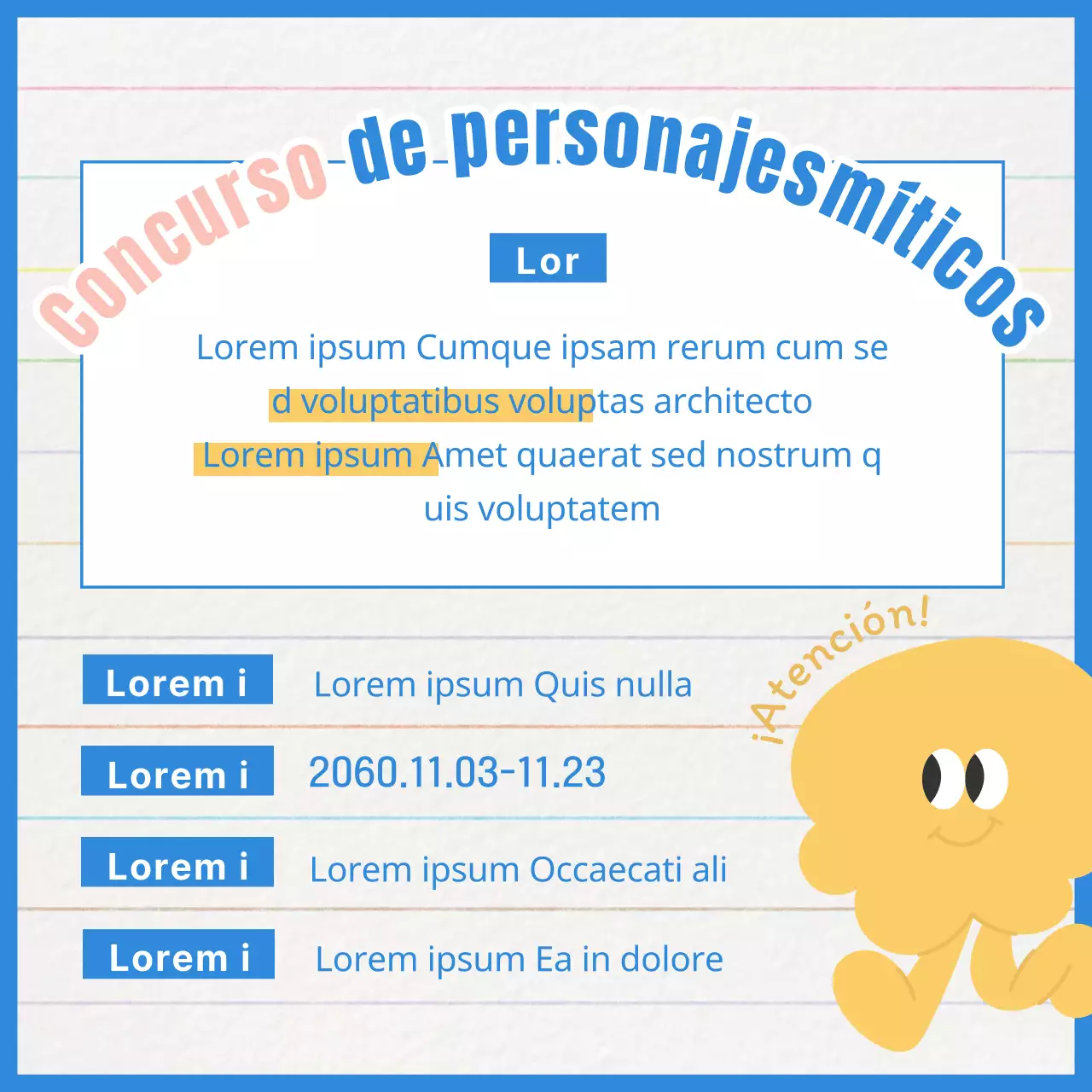 Promover un concurso de carácter minimalista en amarillo y azul