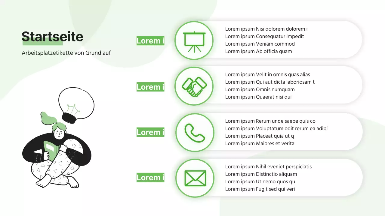 Ein einfaches, lindgrünes Schulungsdeck für neue Mitarbeiter