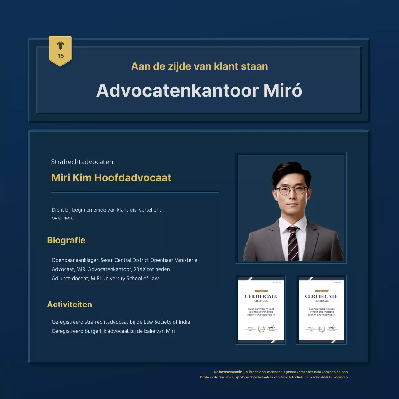 Een eenvoudig blauw en geel bedrijfsprofiel van een advocatenkantoor