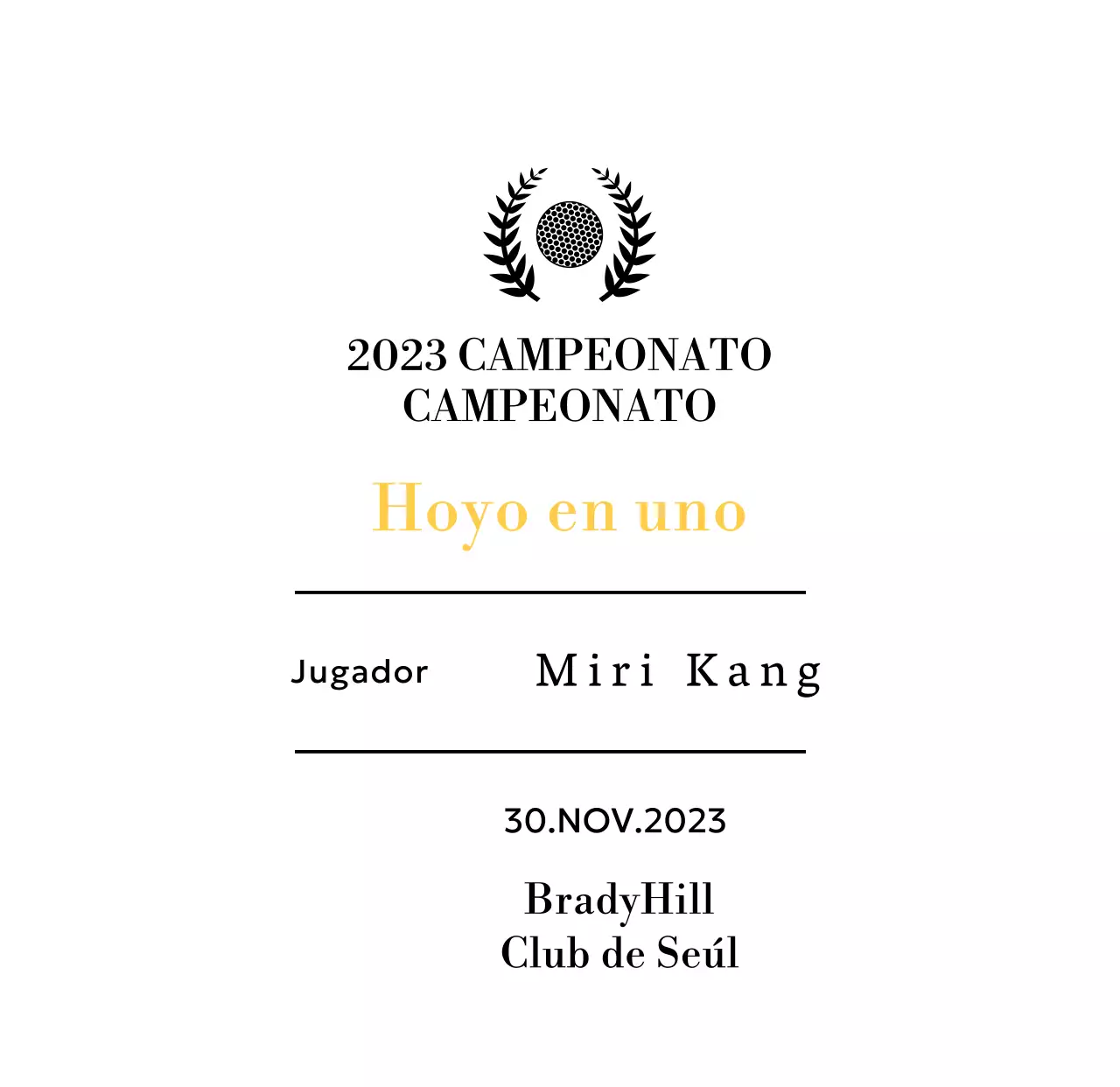 Placa de ganador de hoyo en uno con bola de golf e ilustración de corona de laurel