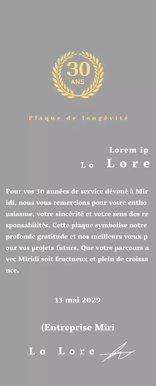 Plaque d'entreprise pour longs états de service avec symbole de laurier