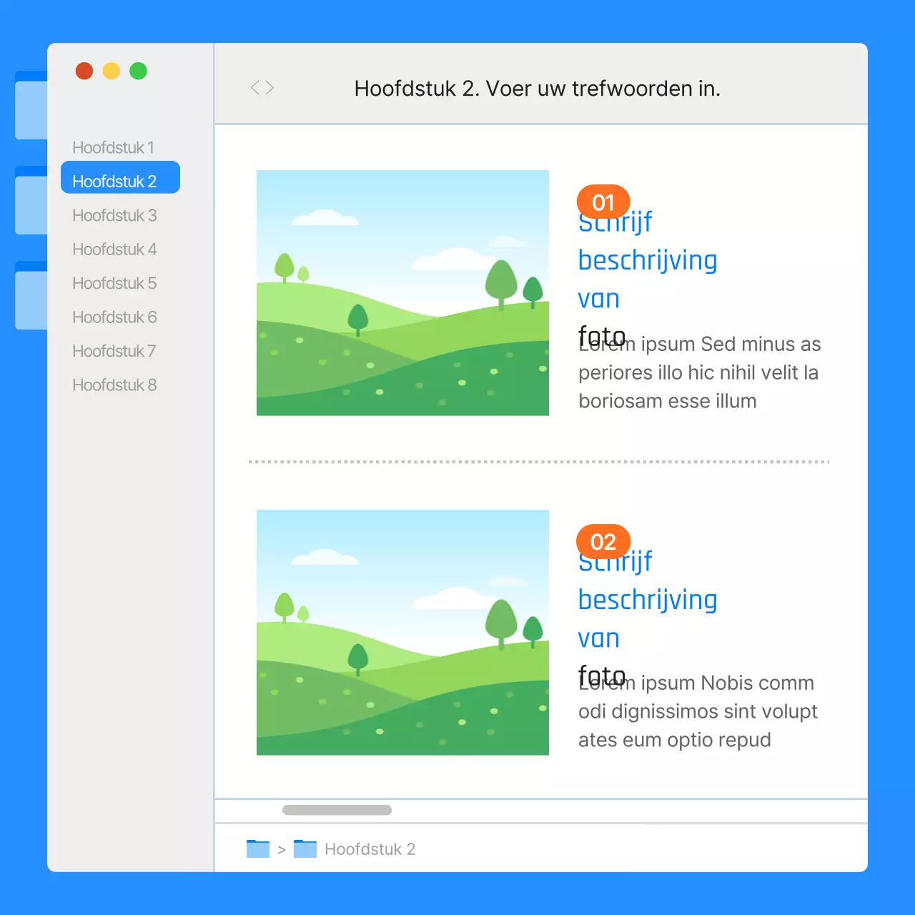 Eenvoudige monitor UI rapporten in blauw en oranje