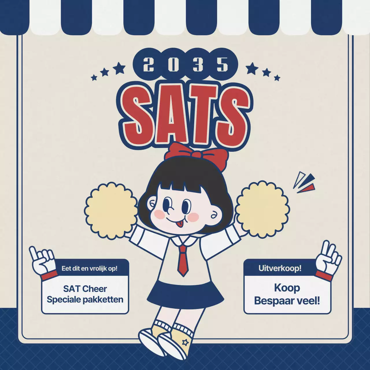 Promoot een marineblauw, retro SATs cheerleading cadeau-evenement