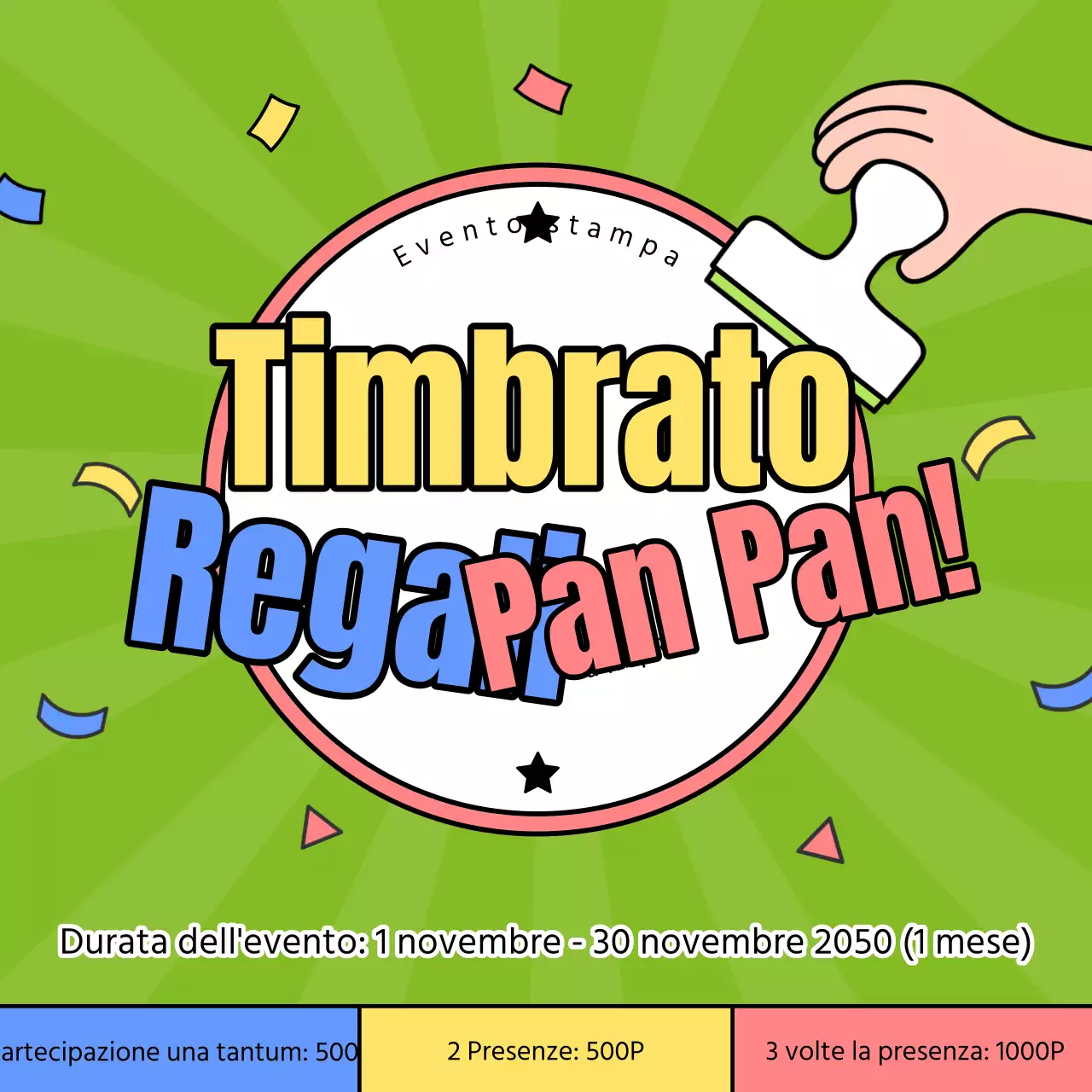 Annuncio di evento con timbri kitsch in rosa e chartreuse