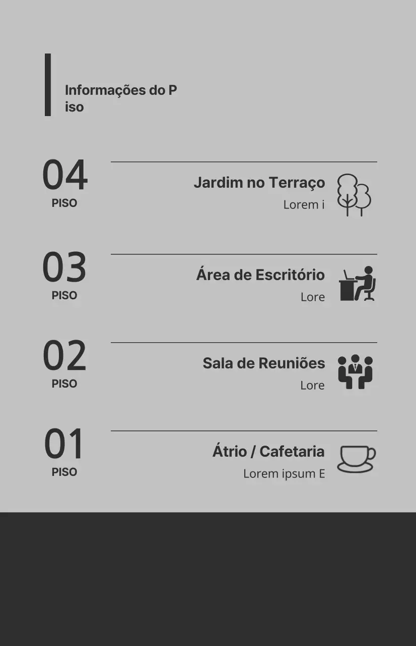 Bandeiras de janela com ícones e instruções de pavimento numa combinação de cores cinzentas e cinzentas escuras.