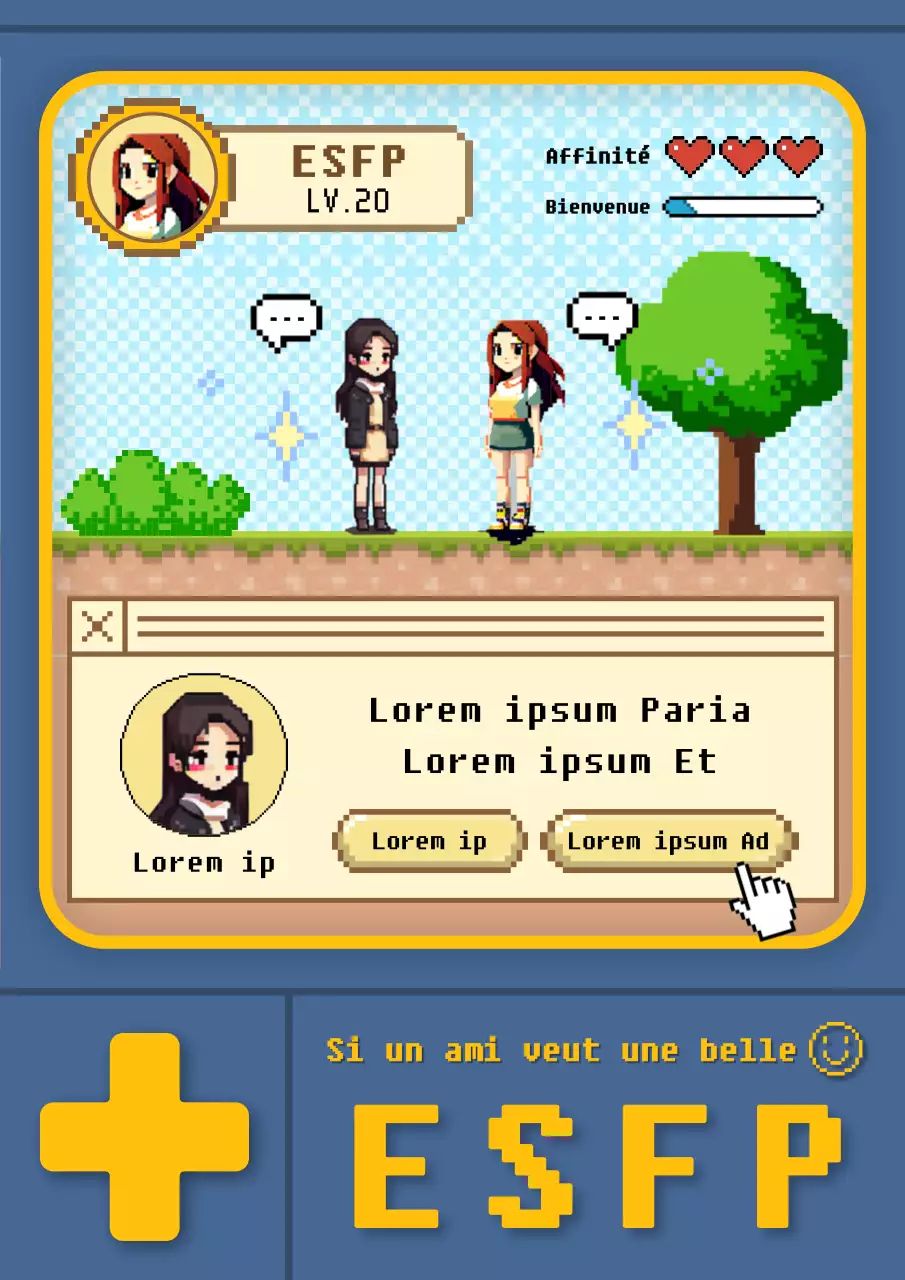 Introduction rétro du type de personnalité MBTI en bleu marine et jaune Tweet