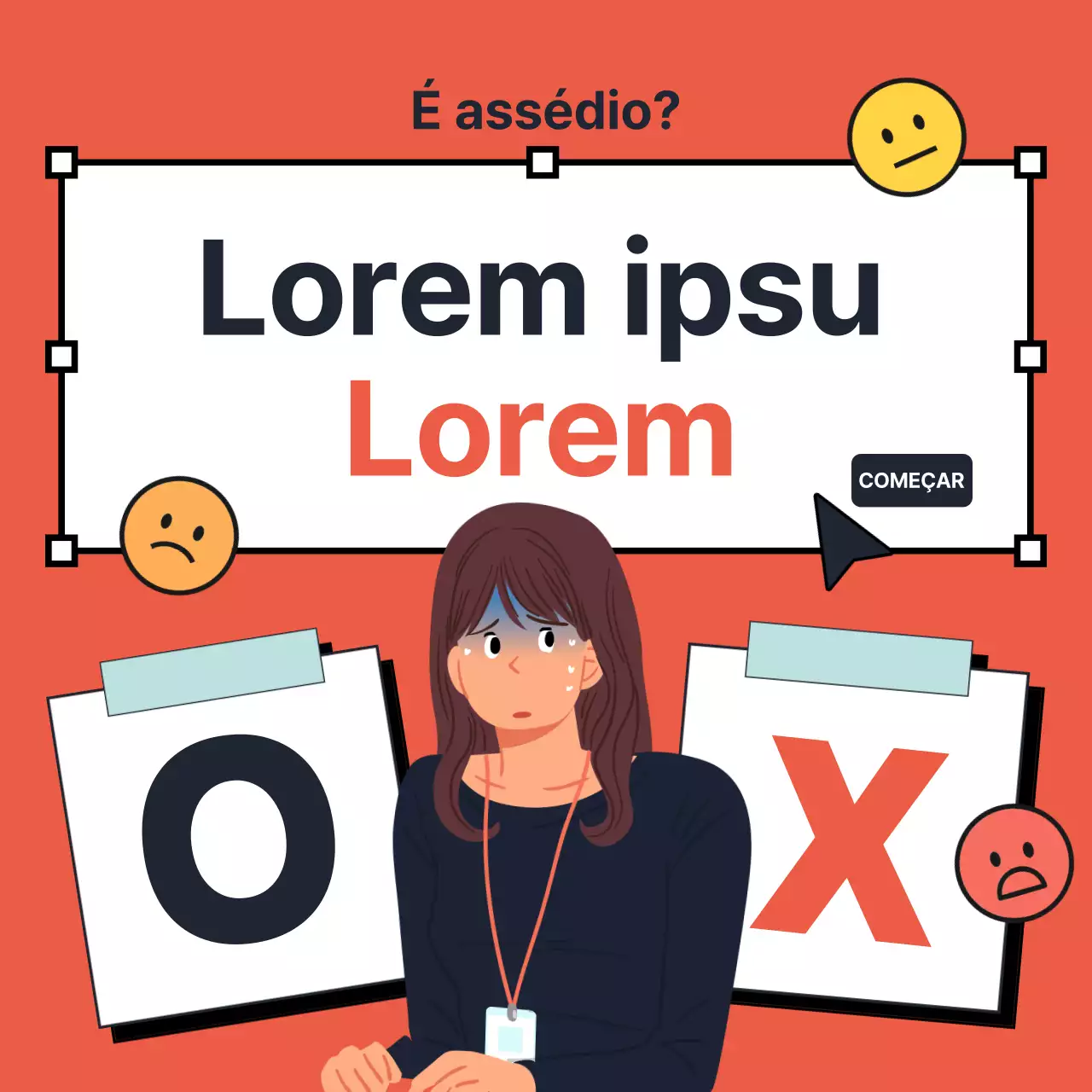 Um questionário OX sobre assédio no local de trabalho em vermelho e amarelo