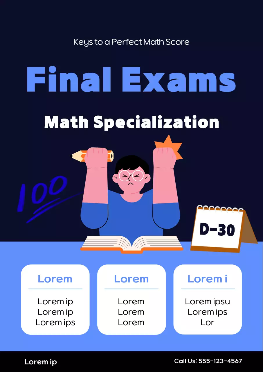 A promotion for a school with an illustration of a student studying for a test in blue.