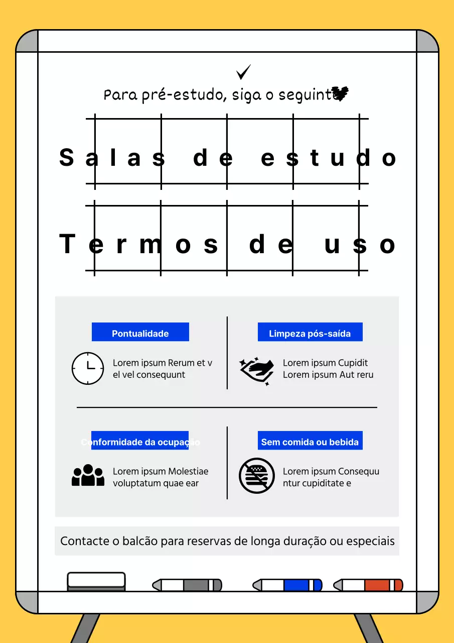 Uma simples sala de estudo amarela e azul com alguns lembretes