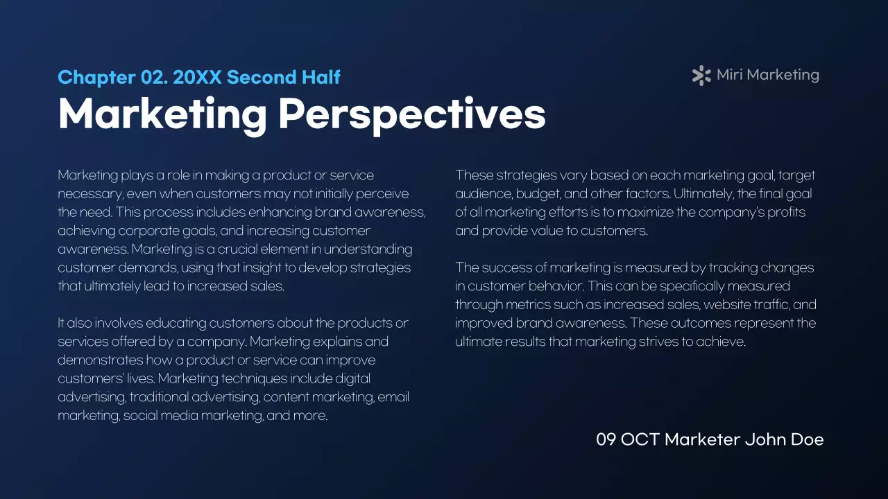 A modern marketing report in navy blue and white