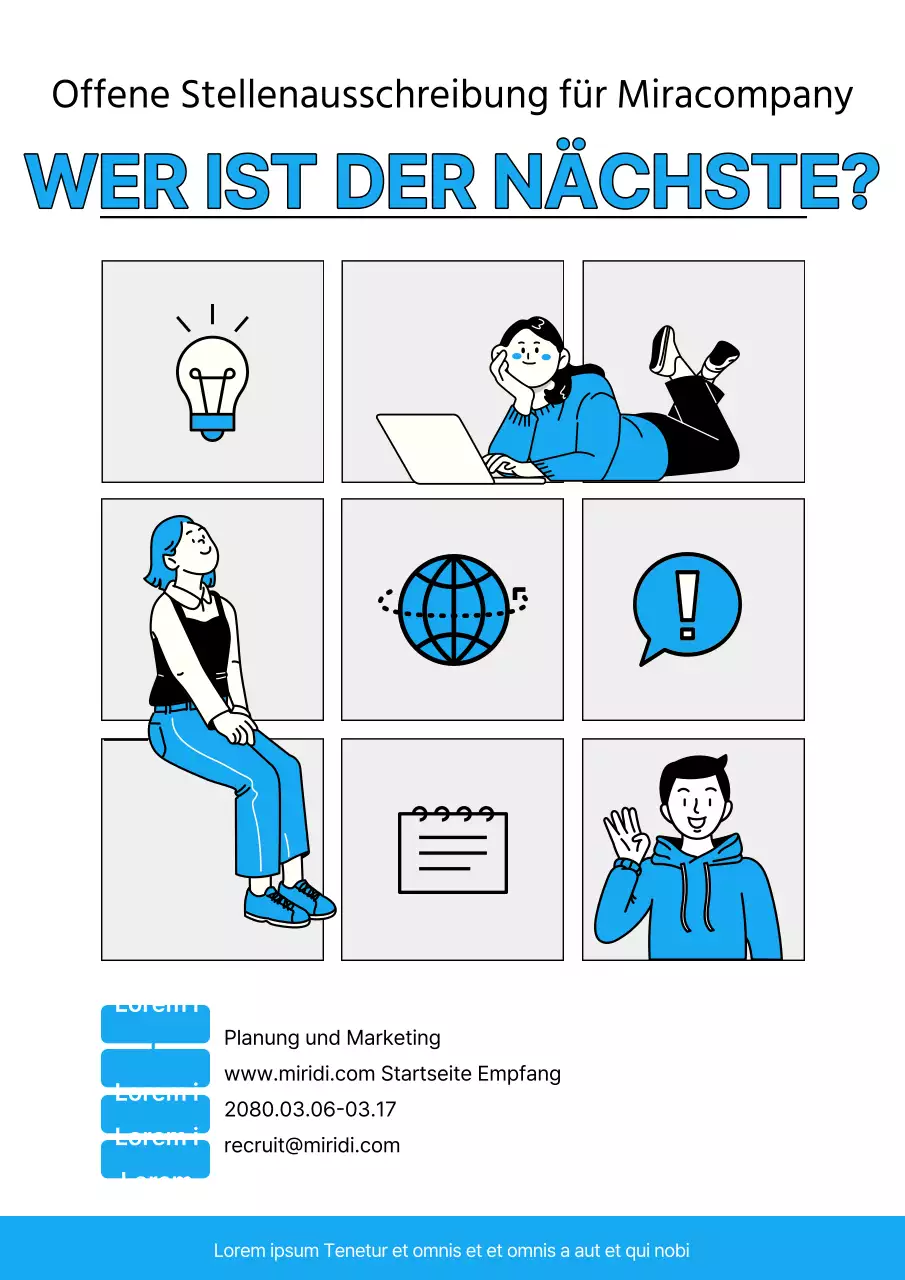 Eine einfache blau-weiße Ankündigung für neue Mitarbeiter