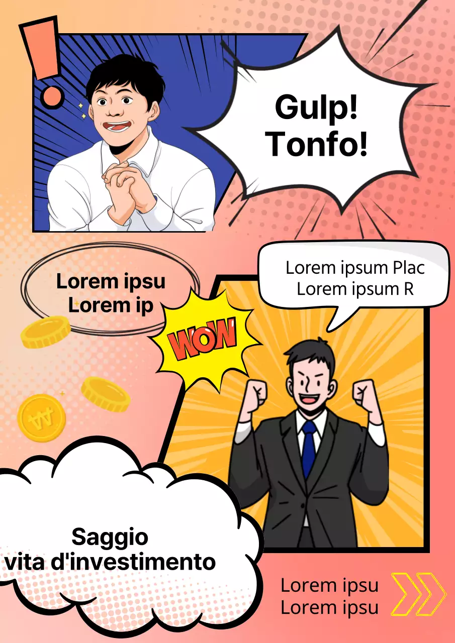 Concept cartoon in blu e arancione per promuovere gli investimenti finanziari