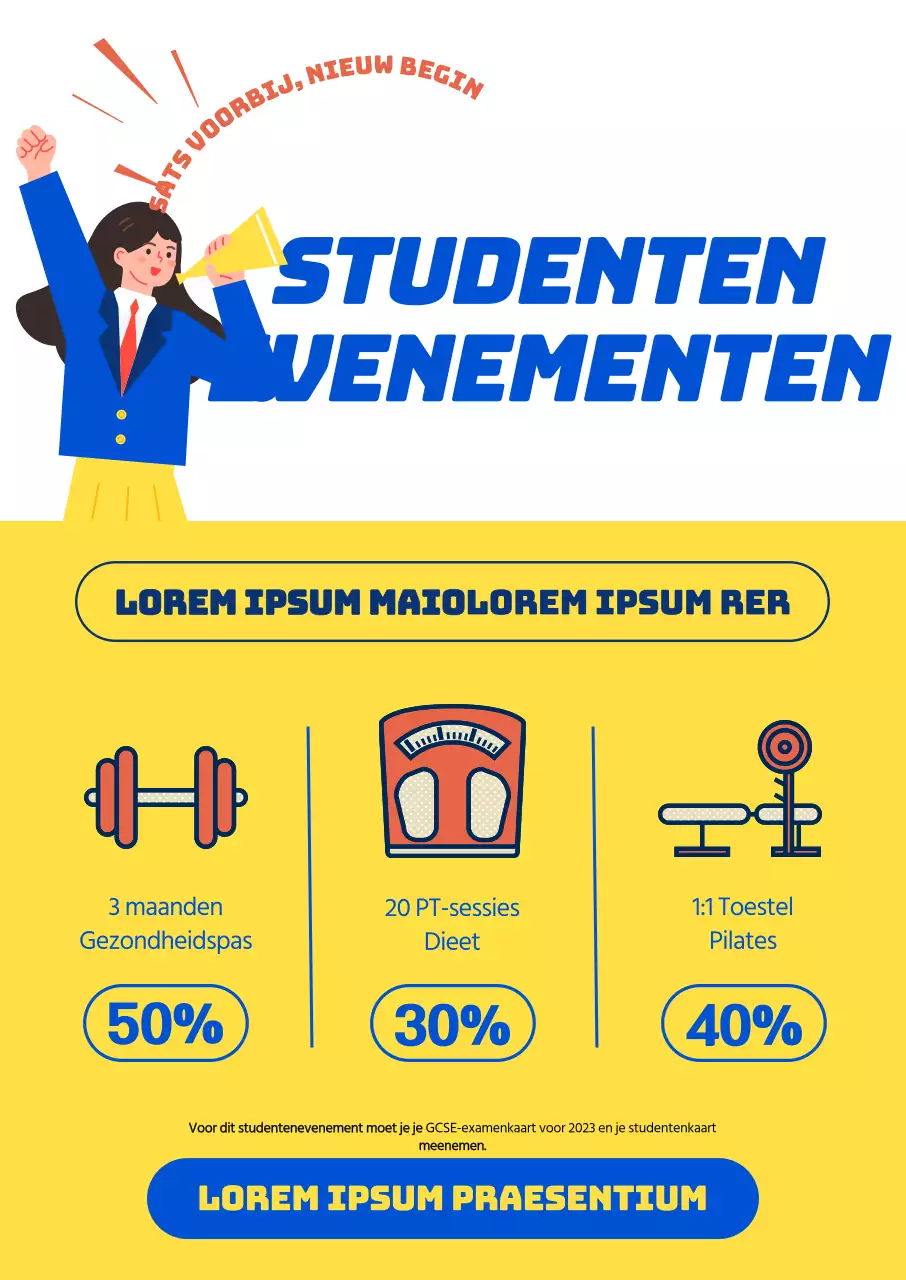 Een korting voor sportschoolleerlingen, met illustraties van middelbare scholieren, een krachtige lay-out in kleur en pictogrammen die met lichaamsbeweging te maken hebben.