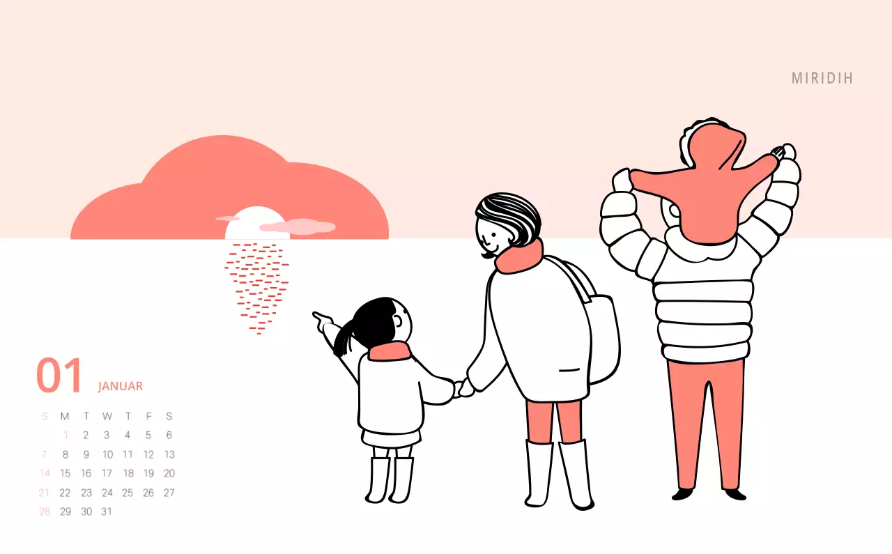 Niedlich illustrierter grüner Tischkalender mit Familienthemen