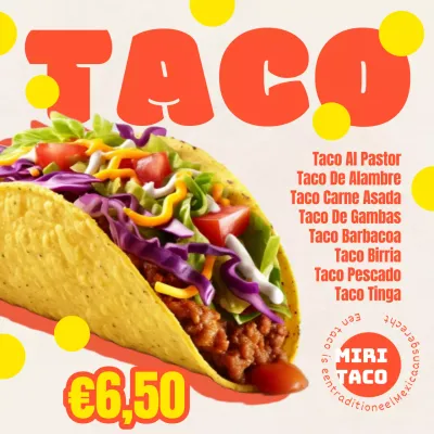 Leuke retro taco-advertentie met rode vormen en een afbeelding van taco's