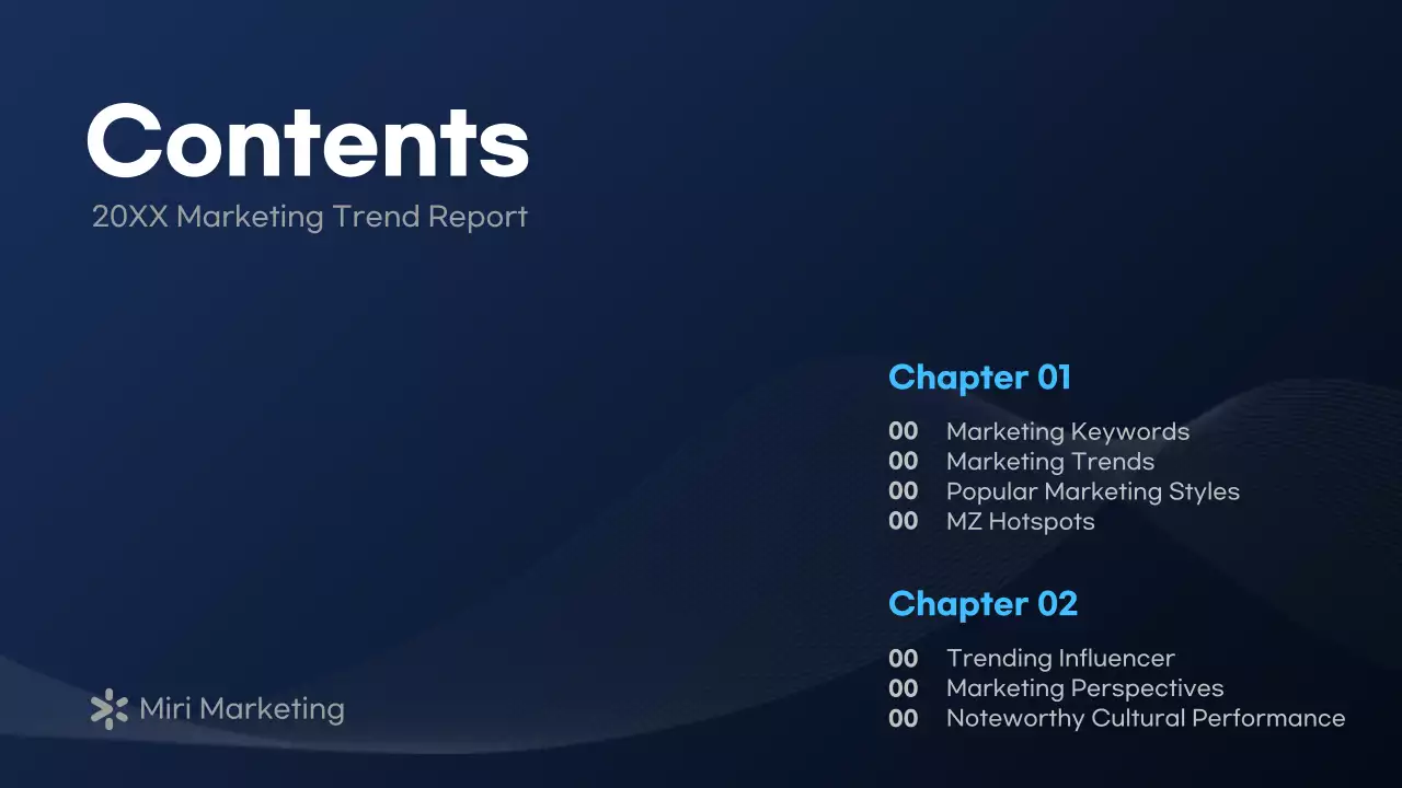 A modern marketing report in navy blue and white