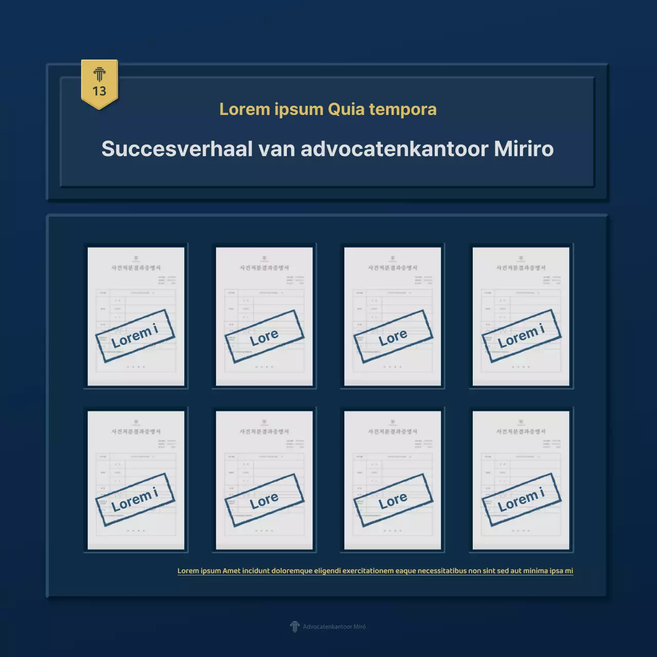 Een eenvoudig blauw en geel bedrijfsprofiel van een advocatenkantoor