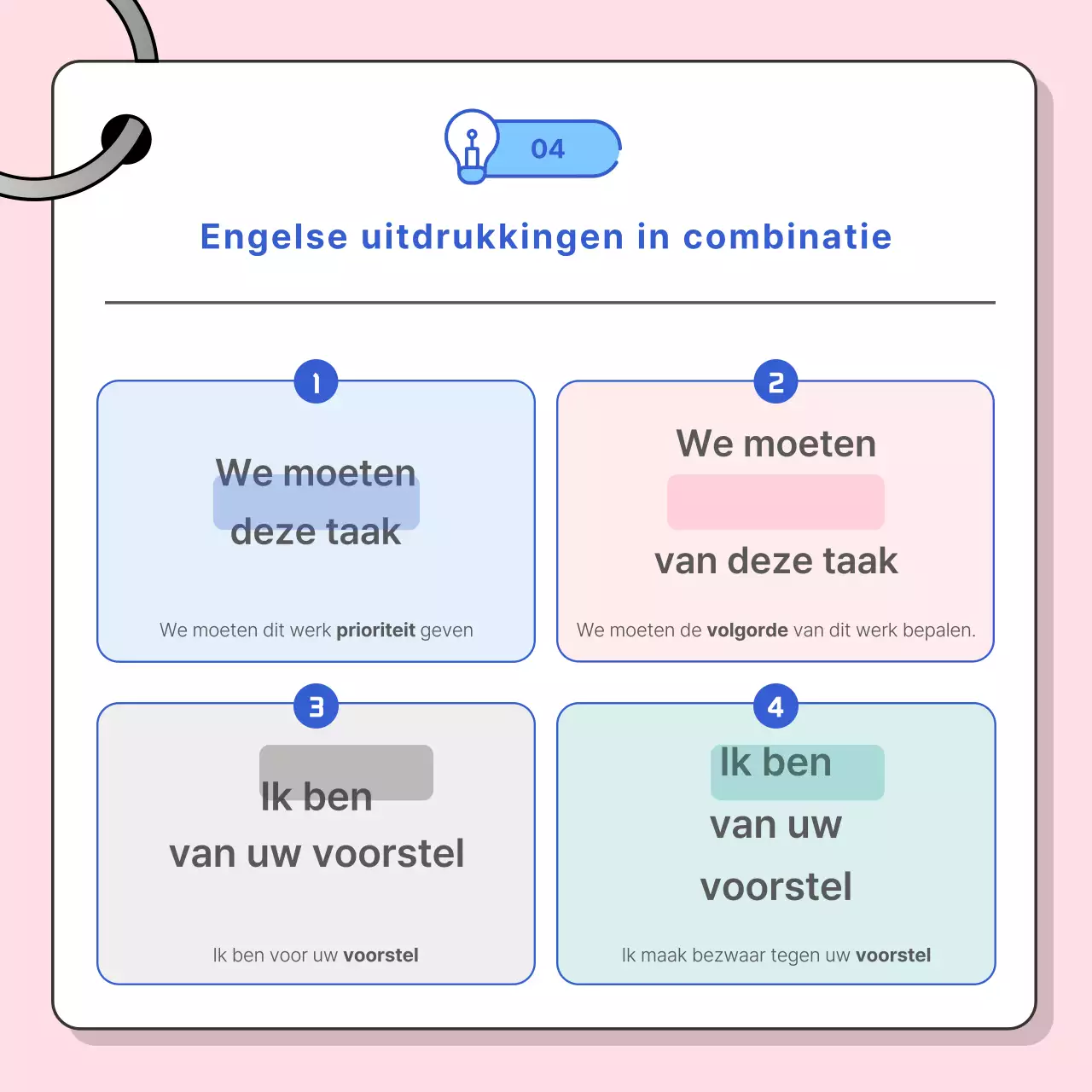 Stimuleer conversaties in zakelijk Engels met een roze en blauw kleurenschema