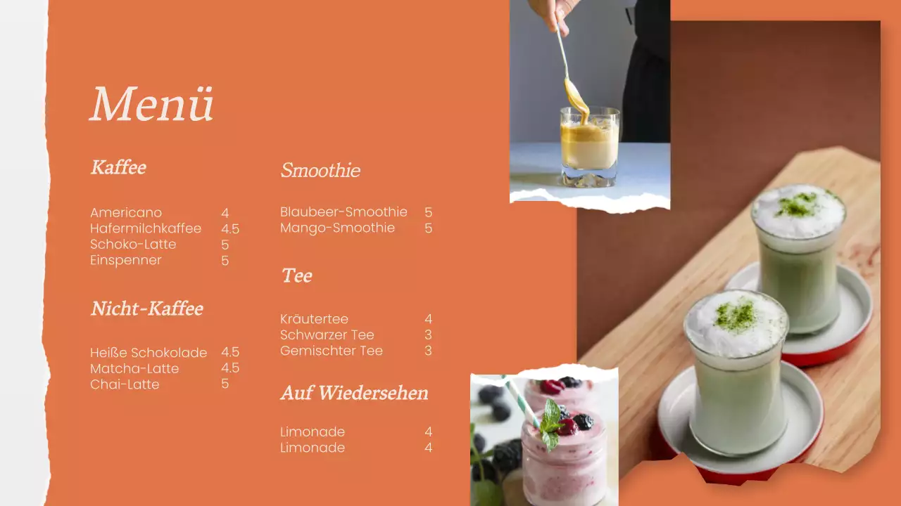 Minimalistische Anzeige für die Speisekarte in den Geschäften in Grün und Orange