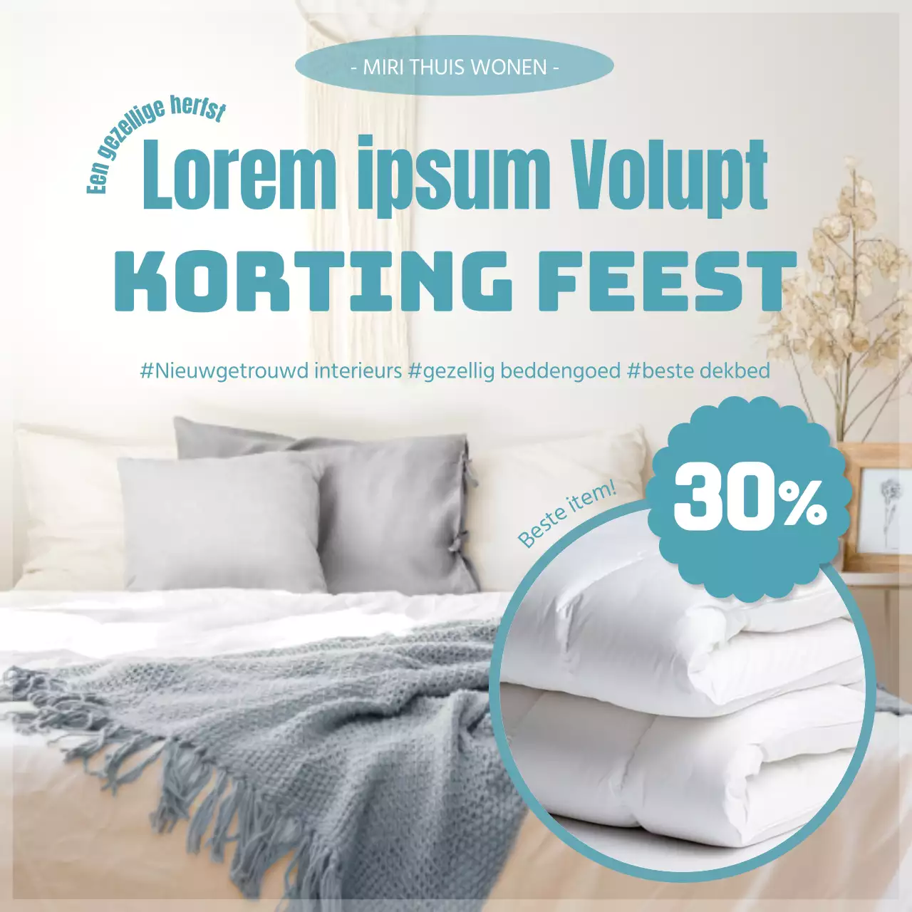 Modern beddengoed in lichtblauw en beige promoten