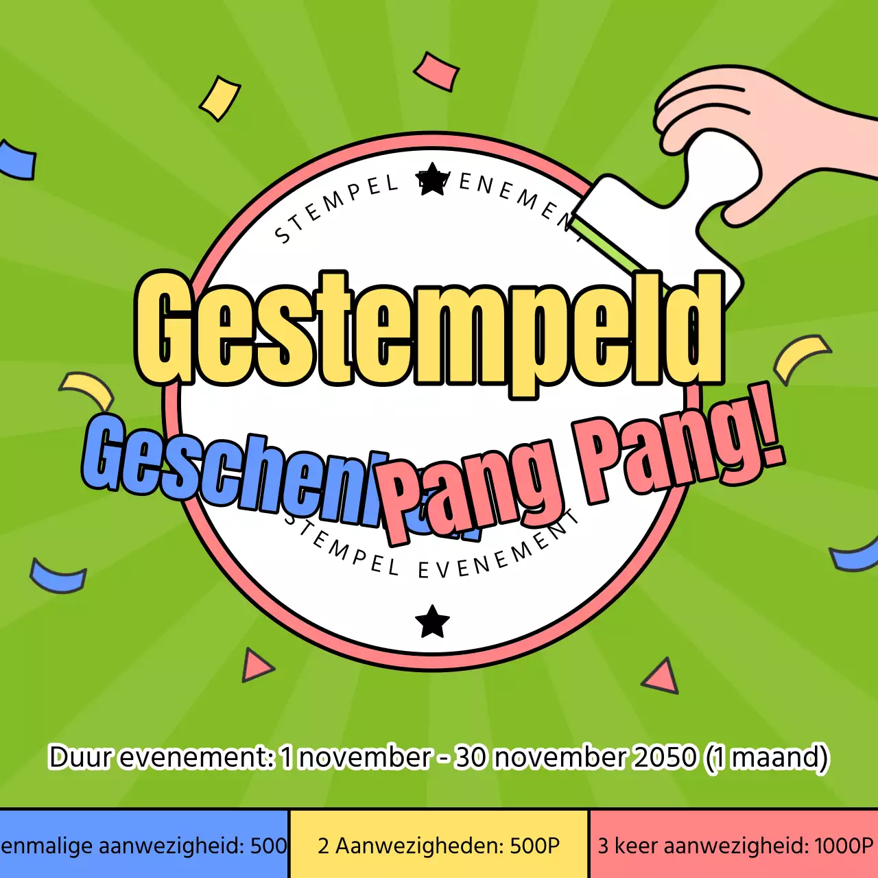 Kitscherige gestempelde geschenkadvertentie in roze en chartreuse