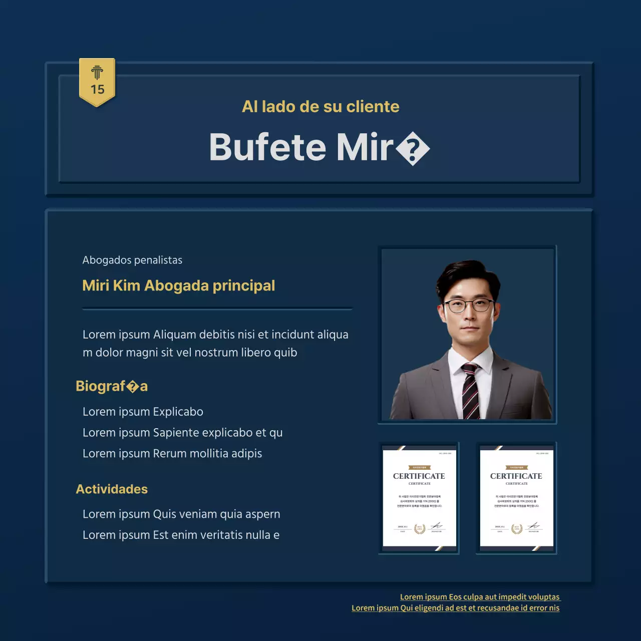Un sencillo perfil de empresa de bufete de abogados en azul y amarillo