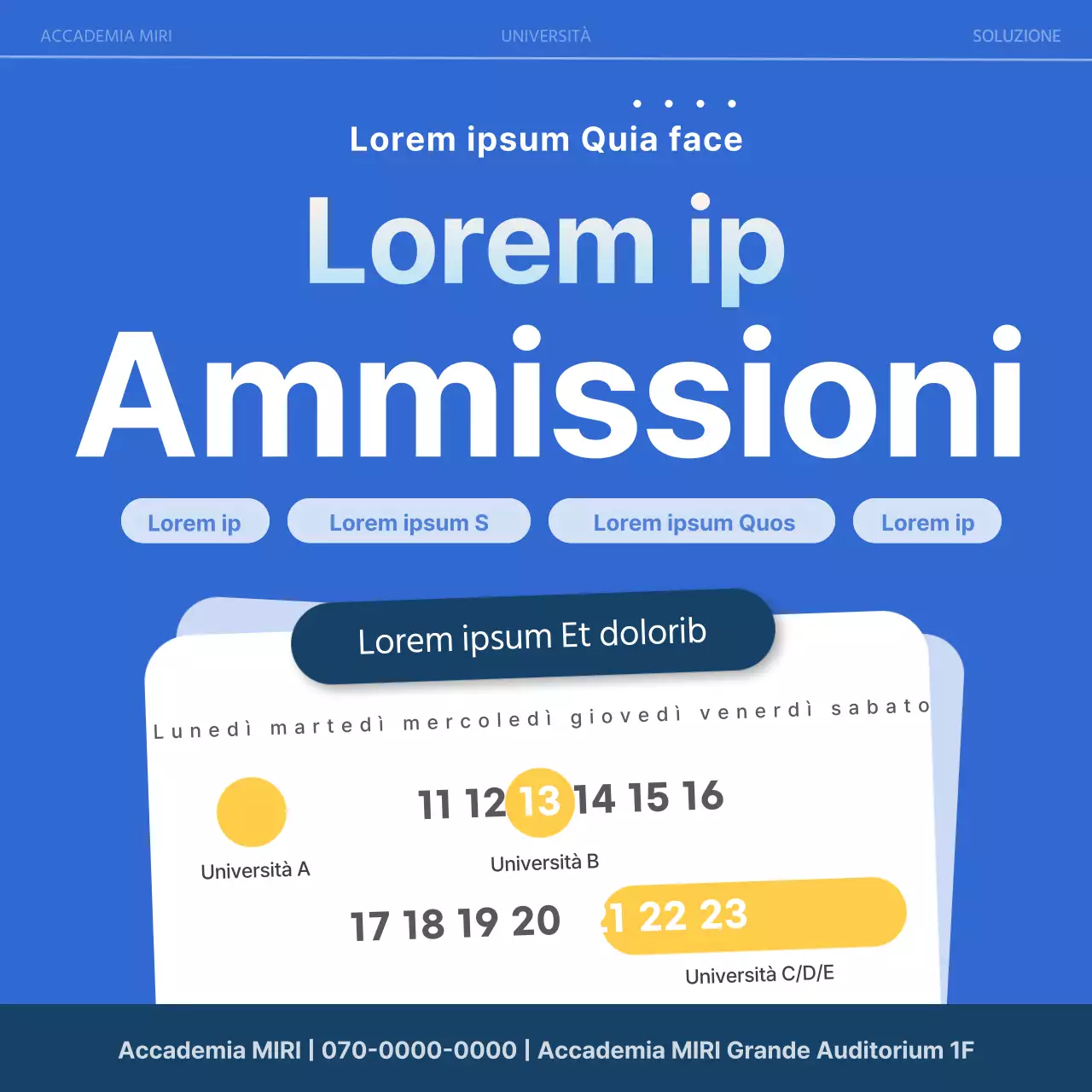 Un annuncio semplice, di colore blu navy, per una fiera di ammissione.