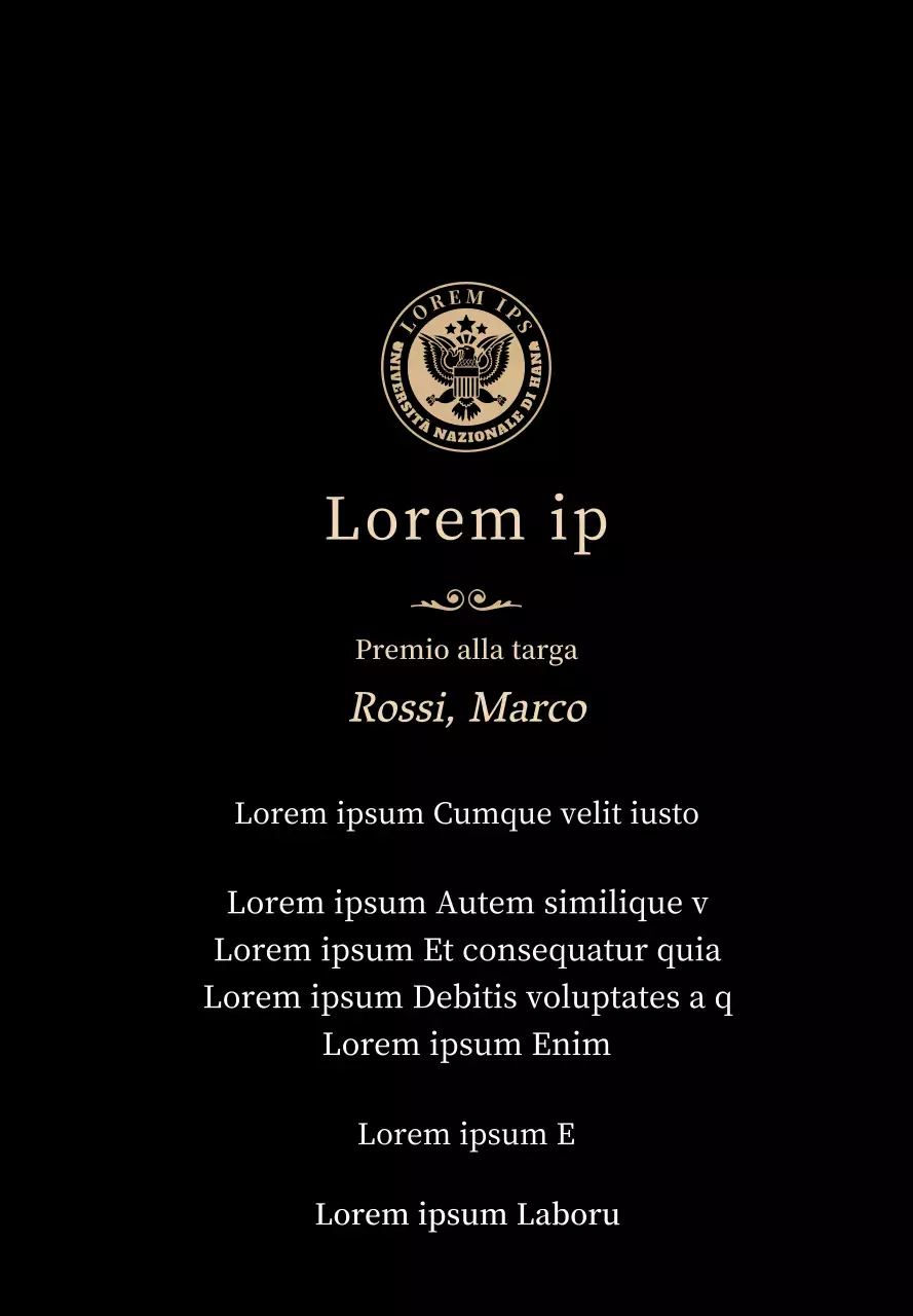 Lussuosa targa di laurea con logo della scuola e finiture in oro