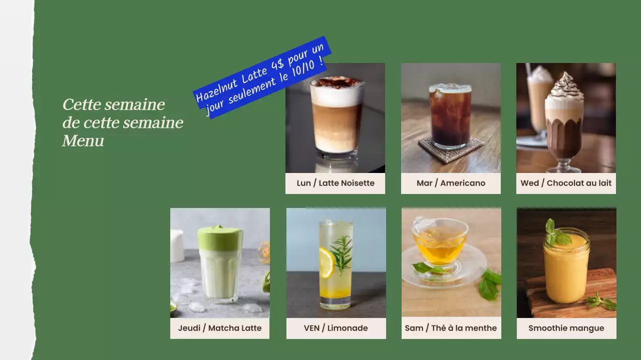 Publicité minimaliste pour un menu en magasin en vert et orange