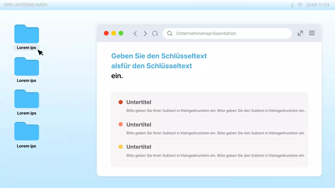 Präsentation auf dem trendigen hellblauen PC-Desktop UI