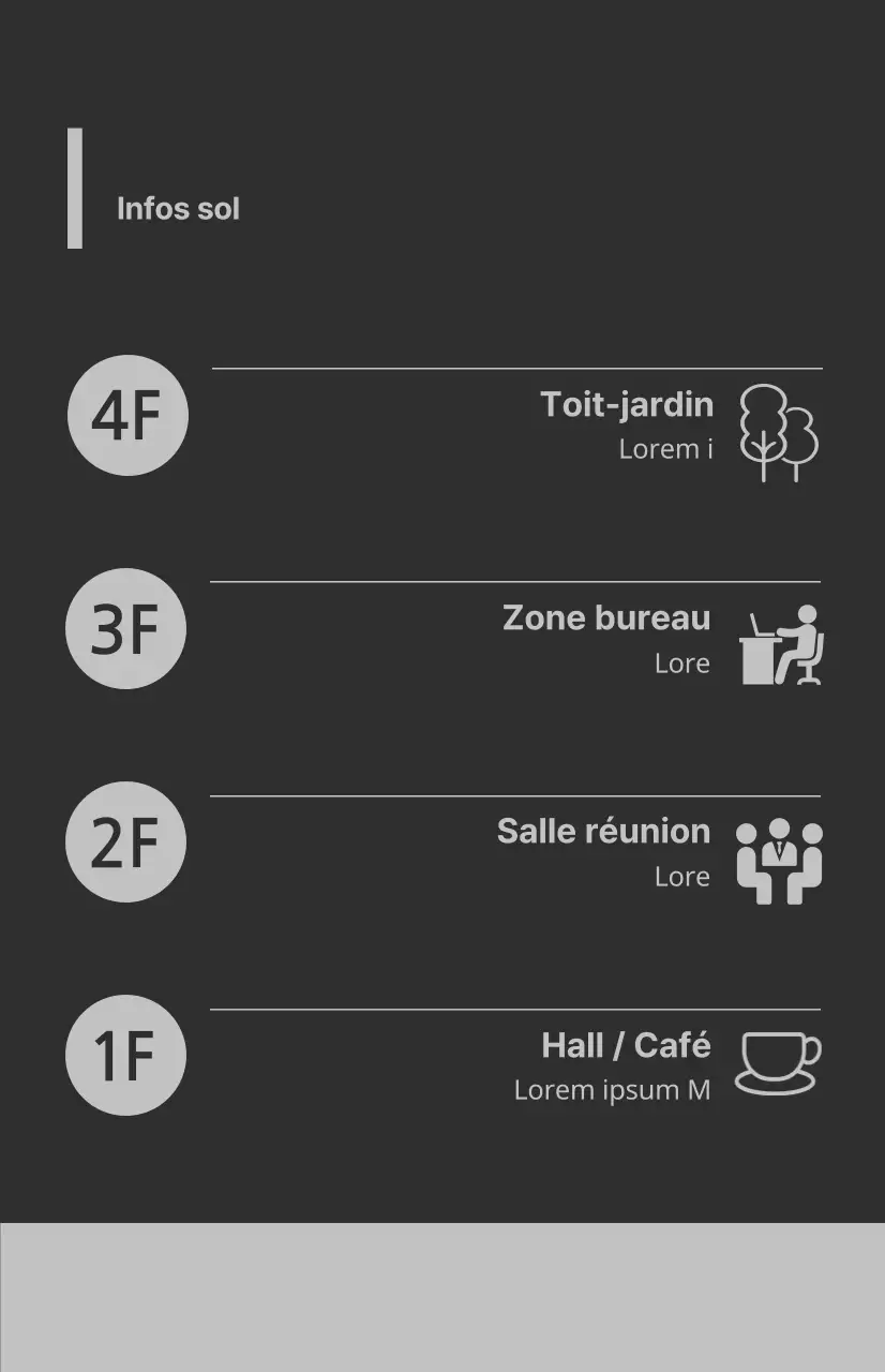 Drapeaux de fenêtre avec icônes et instructions d'étage dans une combinaison de couleurs gris et gris foncé.