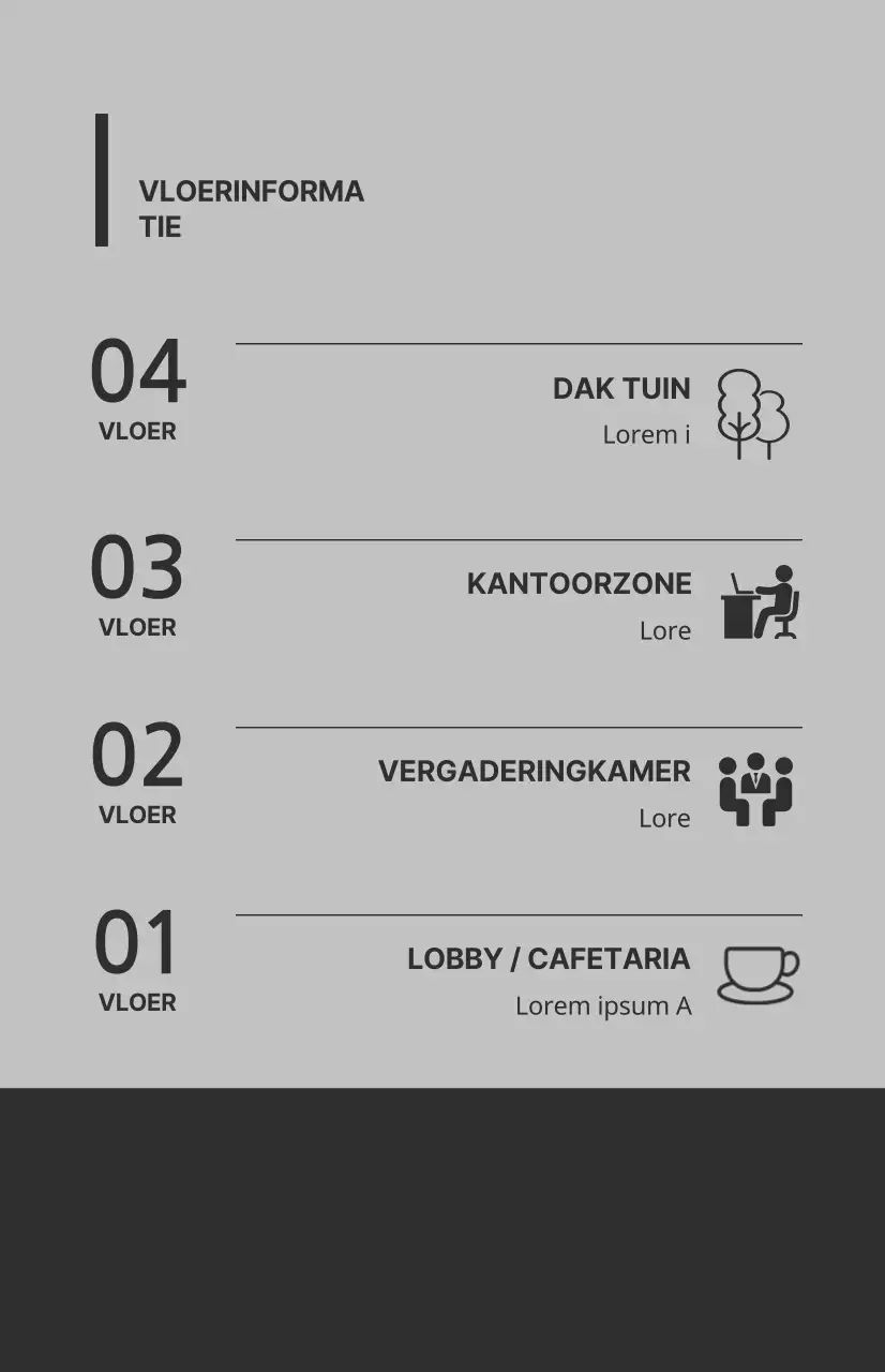 Venstervlaggen met pictogrammen en verdiepingsinstructies in een combinatie van grijze en donkergrijze kleuren