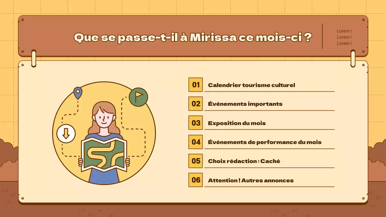 Un bulletin d'information simple, jaune et marron, sur le tourisme culturel