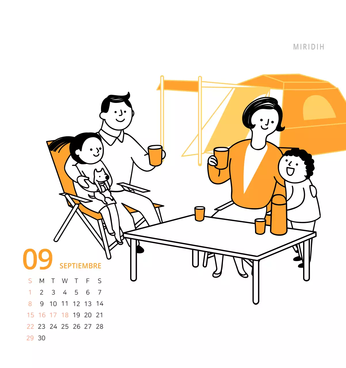 Bonito calendario de sobremesa ilustrado de temática familiar en color verde